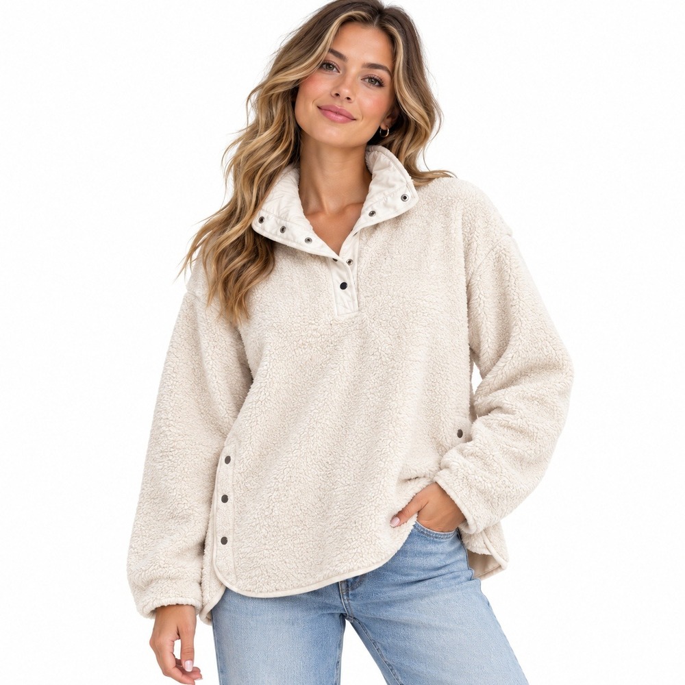 Chaps Pullover Womens XXL Cream Sherpa Fleece Snap Mock Neck Side Snaps Cozy